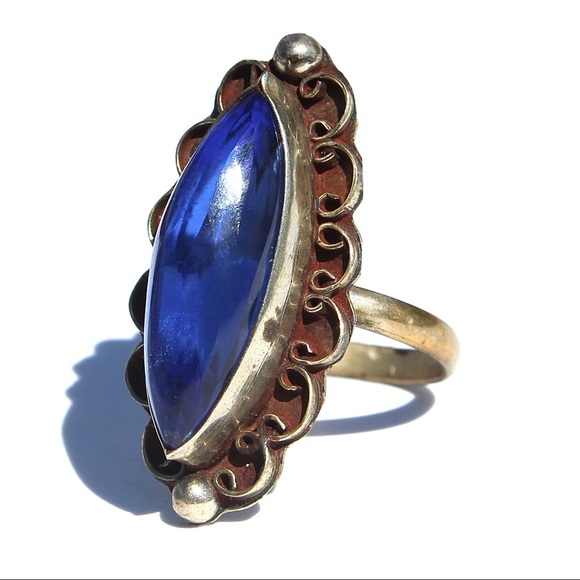 Vintage Mexican Blue Glass Alpaca Silver Ring 8 - Picture 2 of 6